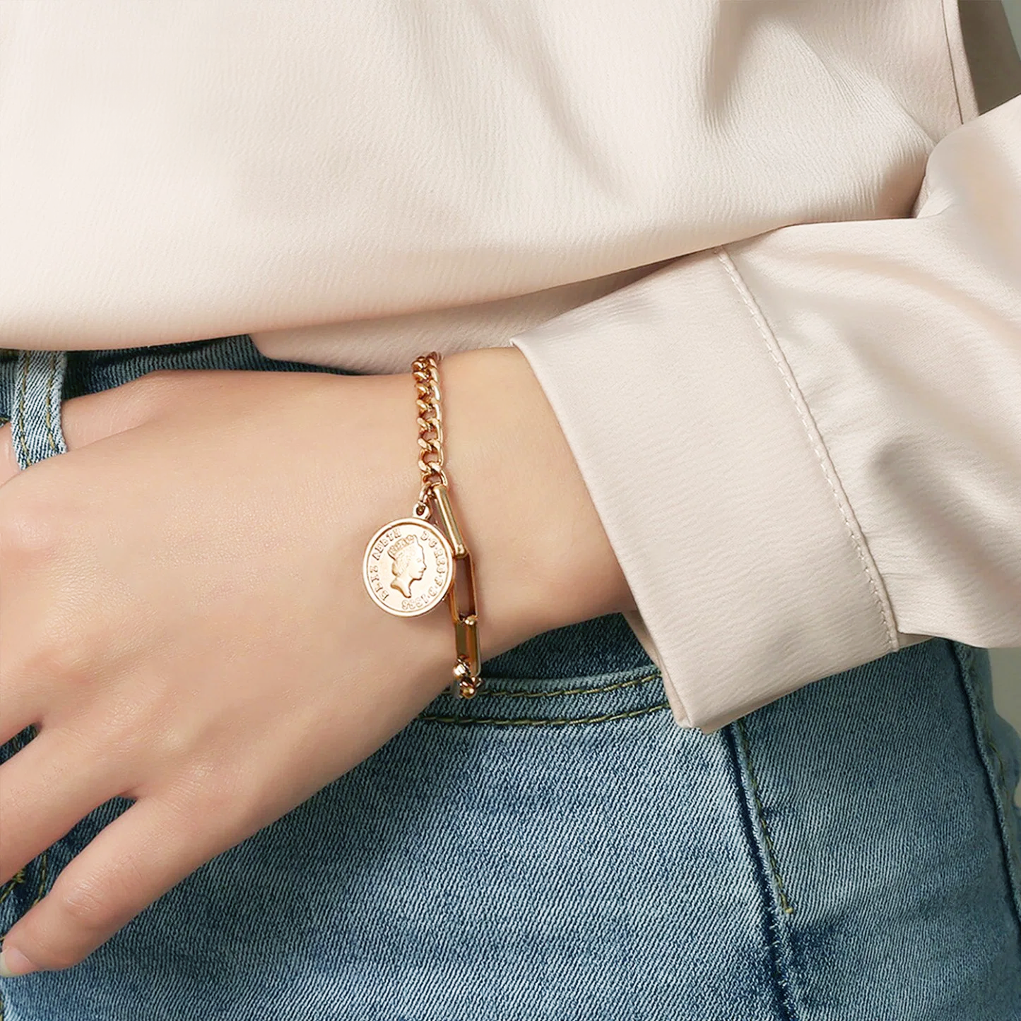 Munt Contrast Ketting Hanger Armband - Goud