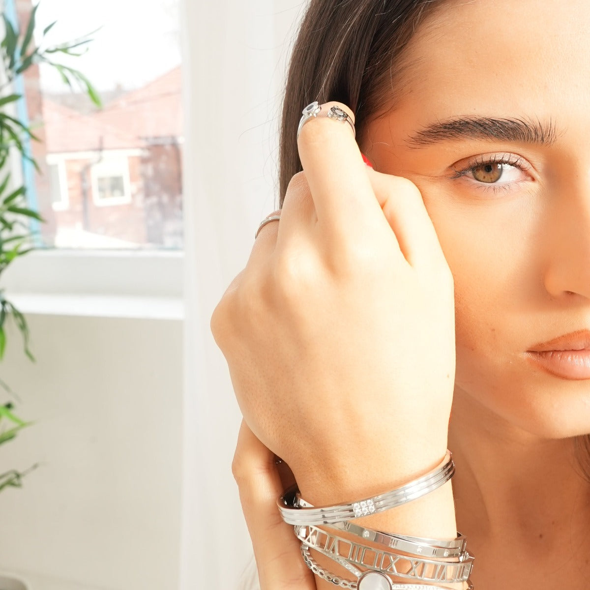 Gegraveerde Steen Bangle Armband - Zilver