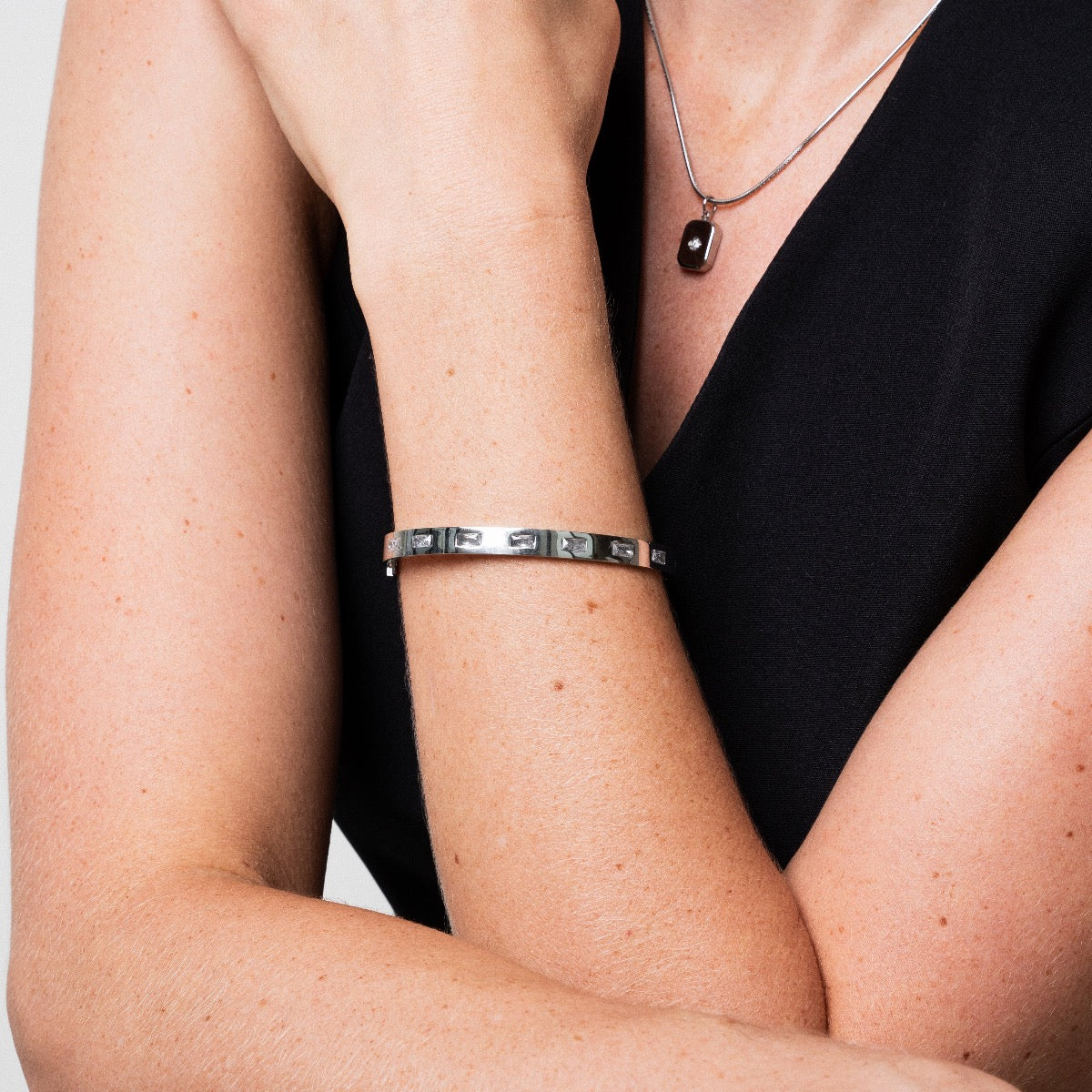 Rechthoekige Steen Bangle - Zilver
