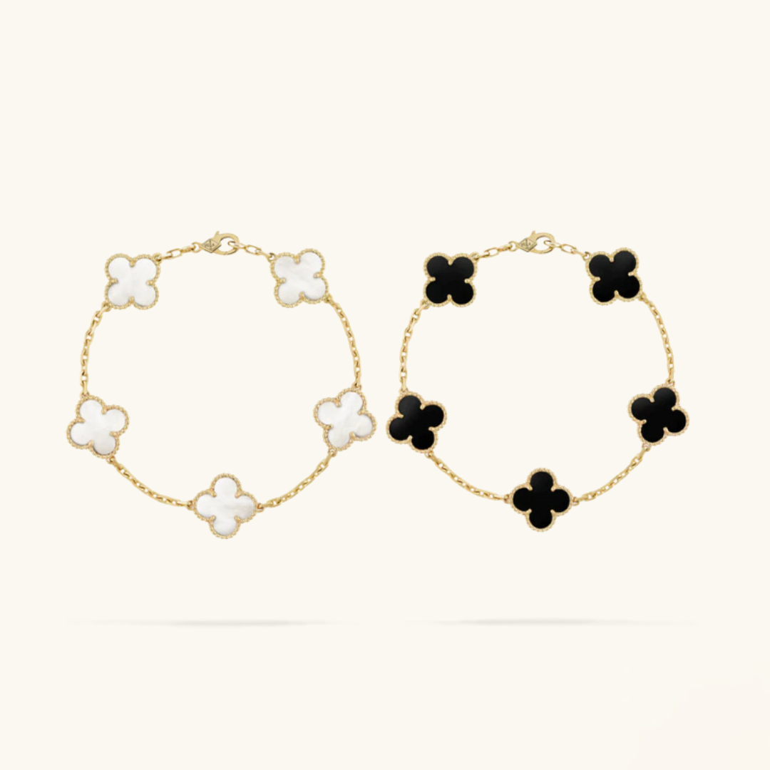 2-delige Klavertje Vier Armband Set - Zwart/Wit