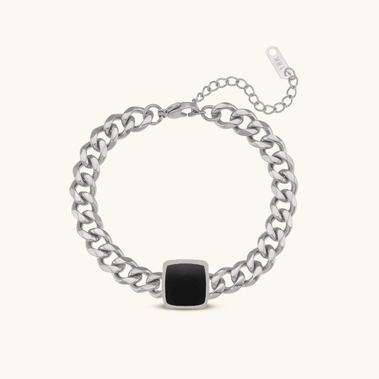 Onyx Vierkante Hangertje Cubaanse Armband - Zilver