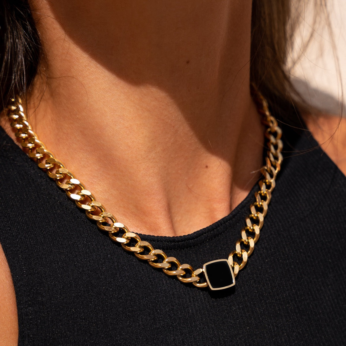Onyx Vierkante Hanger Cubaanse Ketting - Goud