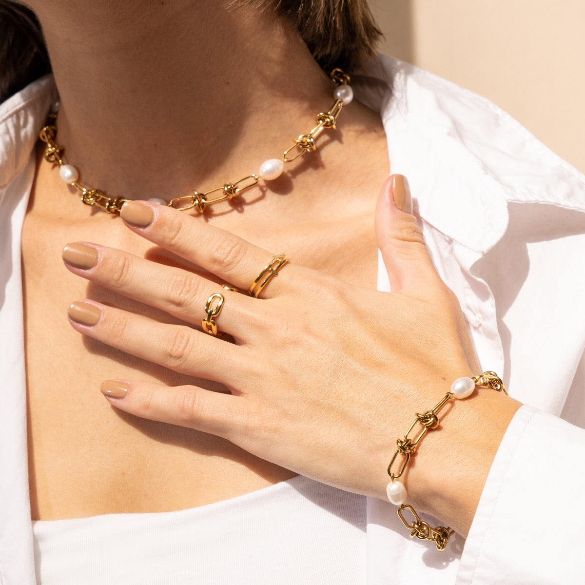 Parel Knoop Armband - Goud