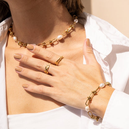 Parel Knoop Armband - Goud