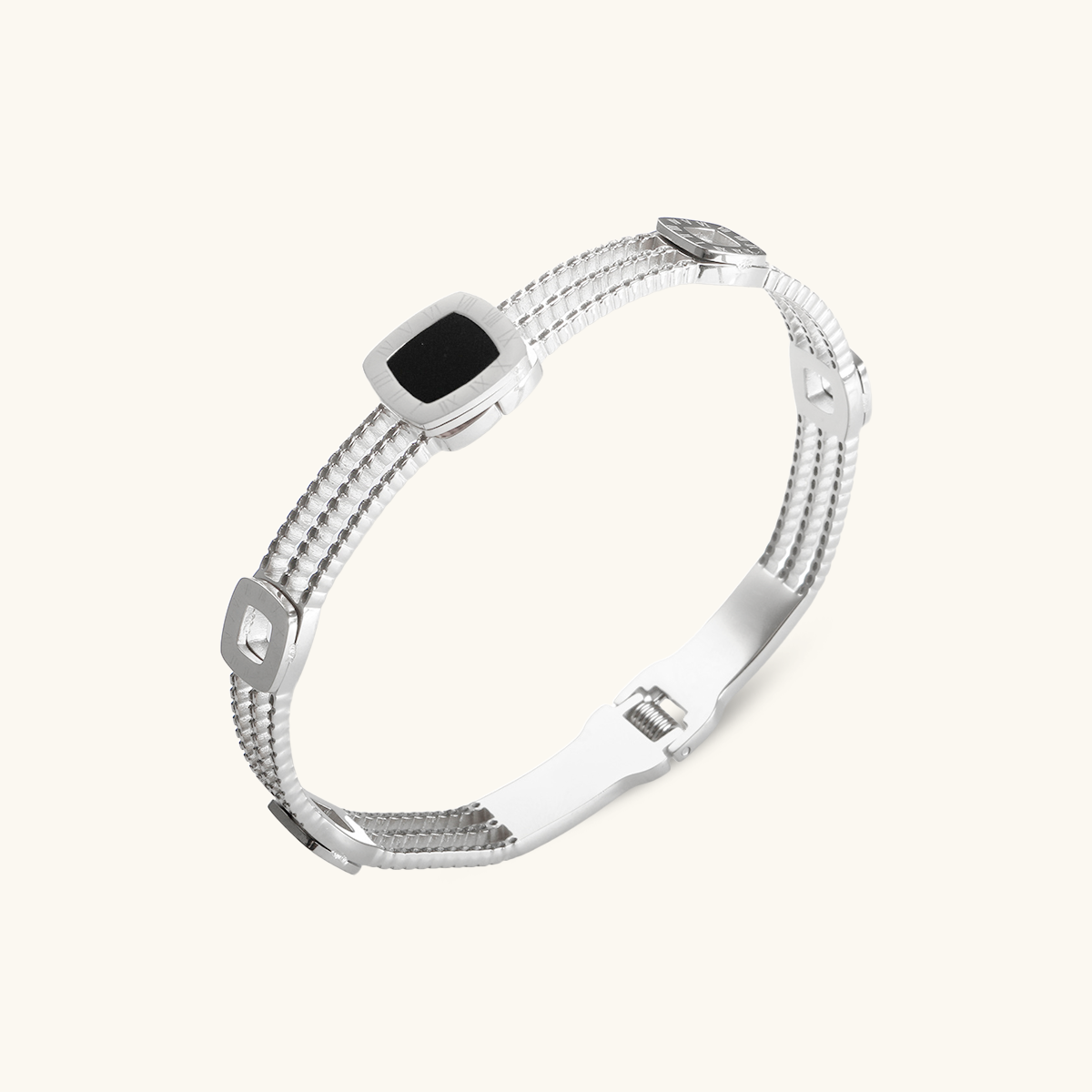 Vierkante Onyx Tandwielen Armband - Zilver