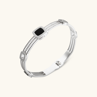 Vierkante Onyx Tandwielen Armband - Zilver