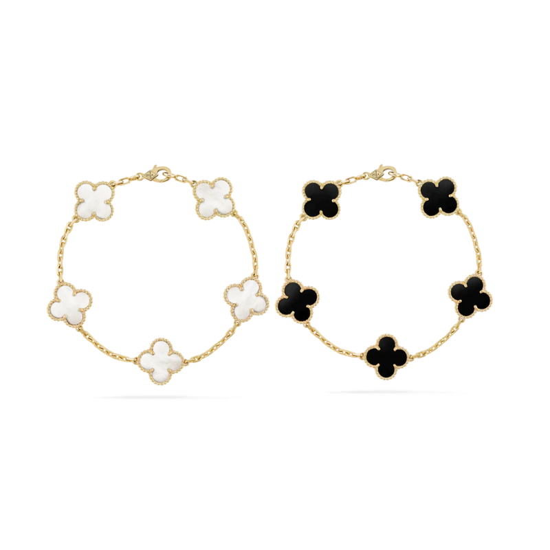 2-delige Klavertje Vier Armband Set - Zwart/Wit