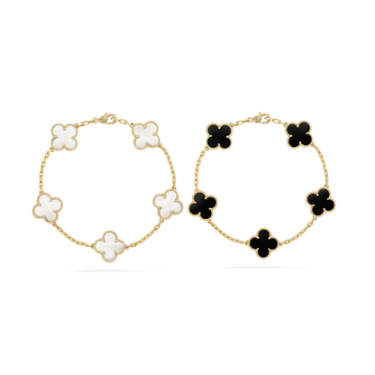 2-delige Klavertje Vier Armband Set - Zwart/Wit
